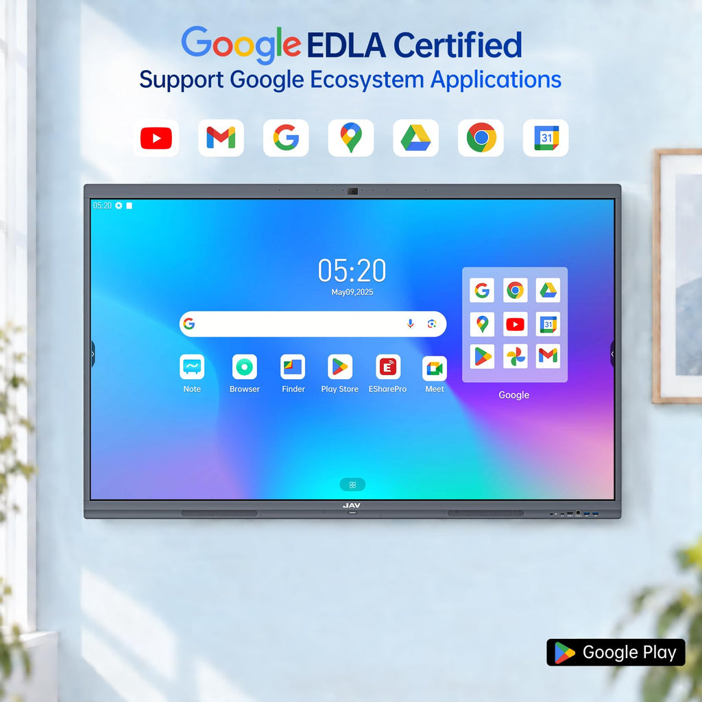 JAV 65 Inch Smart Board Pro, Google EDLA Certified 4K UHD Interactive Whiteboard for Classroom Home Office, Android 14, 8GB+128GB, 48MP AI Camera, Wi-Fi & Bluetooth