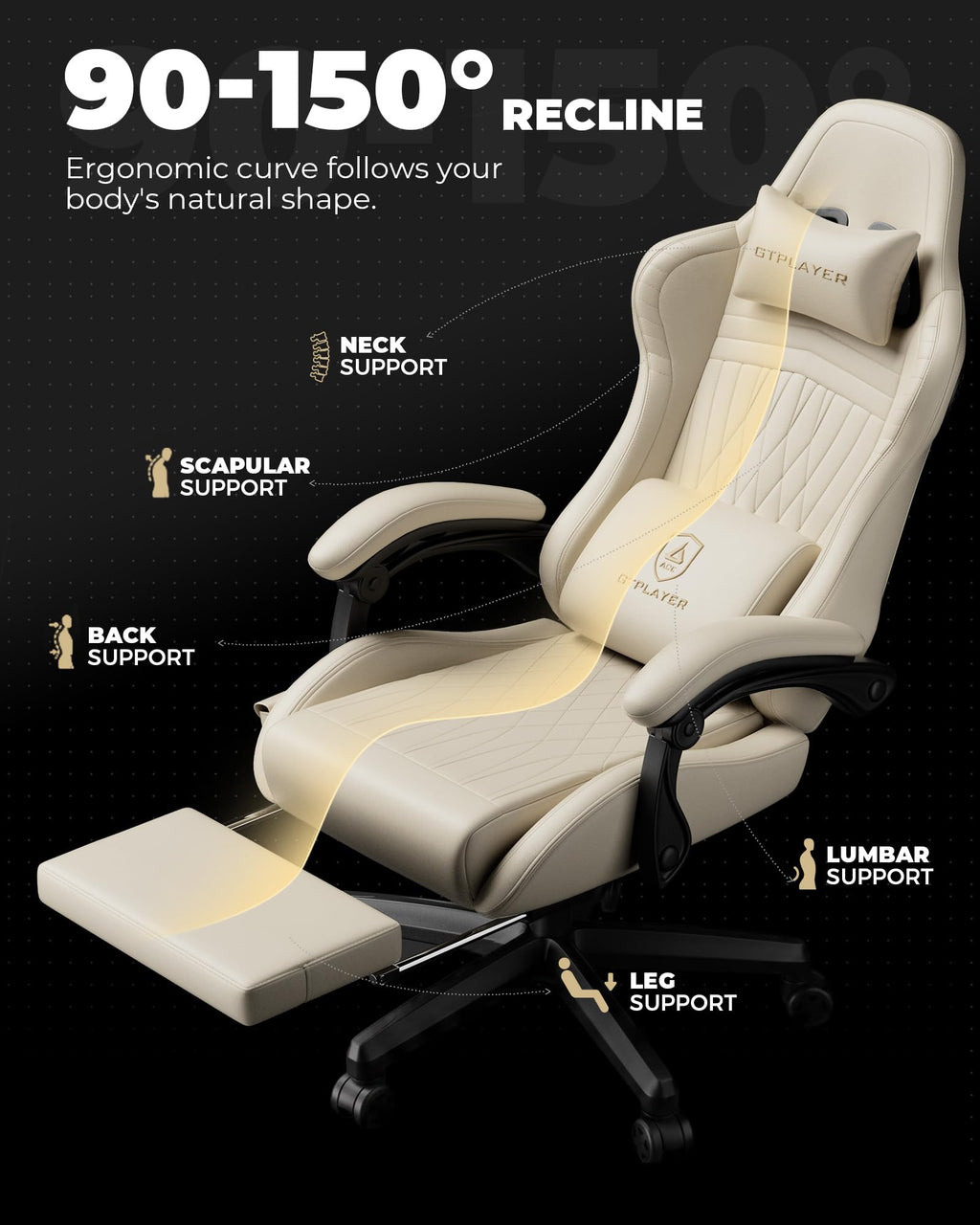GTPLAYER Gaming Chair with Speakers ACE-PRO, Computer Video Game Chairs with Footrest for Adults, Built-in Speakers, App Support & Bluetooth Control, Ergonomic Reclining Silla, Linkage Armrest, Ivory