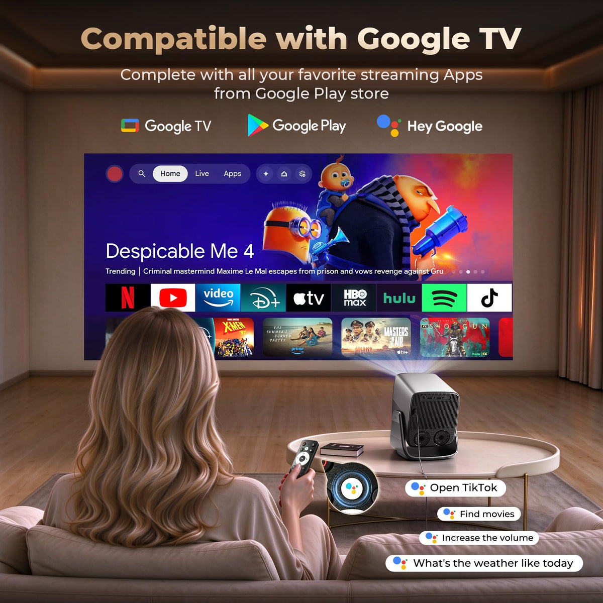 Smart Video Projector 4K Support【Compatible with Google TV & 10k+ Apps】