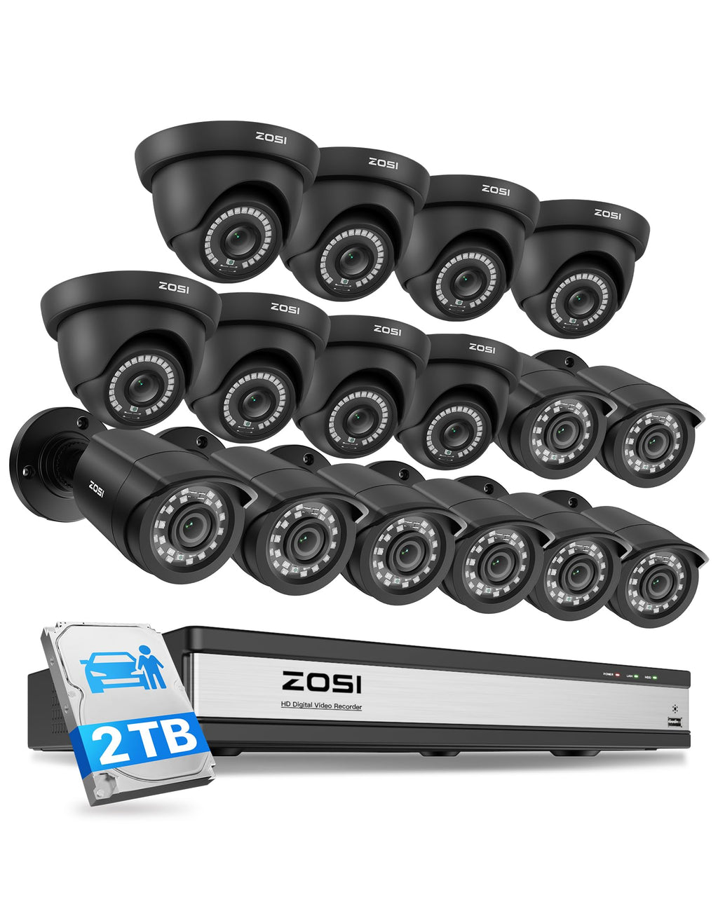 ZOSI 16CH Wired Security Camera System, 16X 1080P Surveillance Cam, 2TB HDD