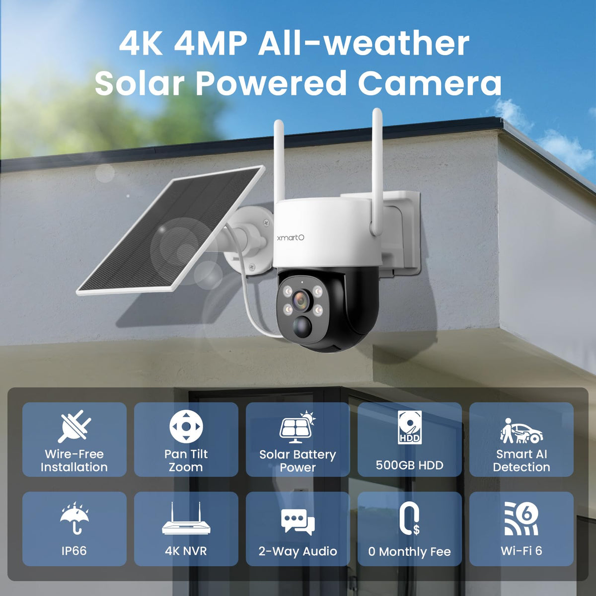 xmartO Wireless Solar Security Camera System Outdoor, 500GB Local Storage