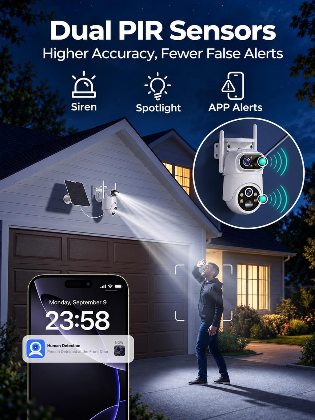 Solar Security Cameras Wireless Outdoor No Subscription with 128GB SD Home Hub, 4 Cam Kit 8 Views Dual-Len Solar Powered Camera Home Security System, 5GHz & 2.4GHz Wifi, 4MP Color Night Vision IP66