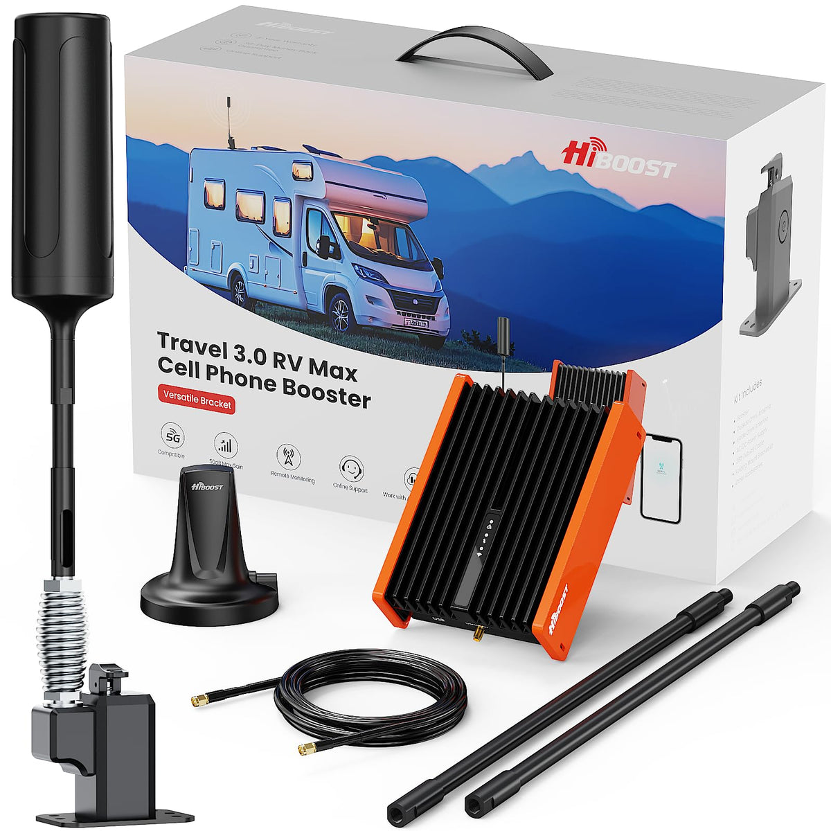 HiBoost Travel 3.0 RV Max Cell Phone Signal Booster for RV, Van & Trailer Boosts 4G 5G LTE | Folding Bracket | Magnetic Inside Antenna | for All U.S. Carriers Verizon, AT&T, T-Mobile | FCC Approved