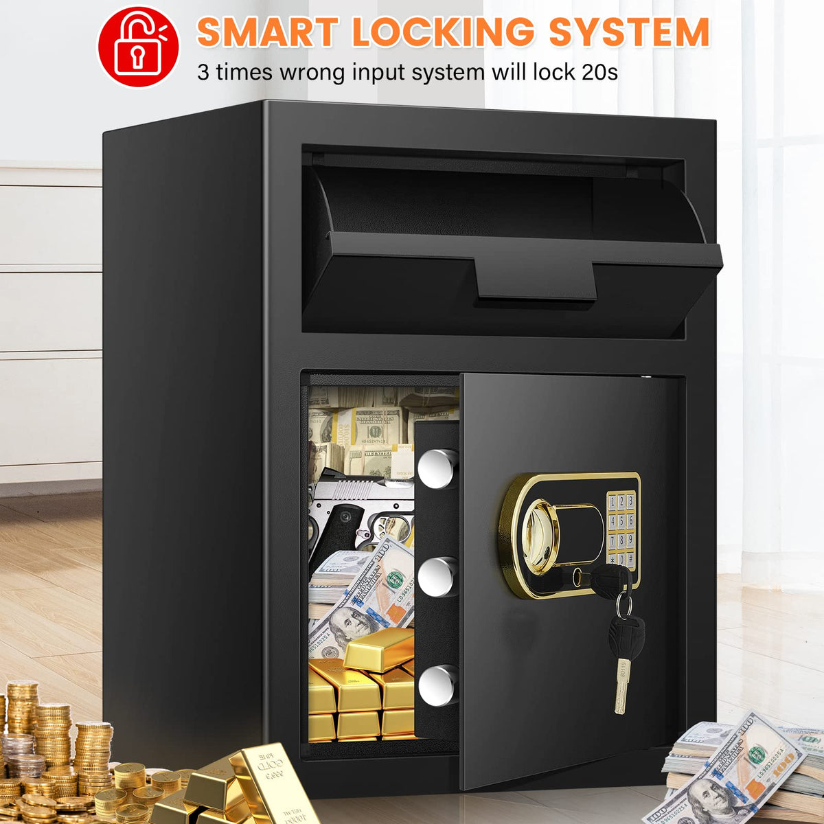 2.3 Cubic Depository Safe with Drop Slot, Electronic Anti-Theft Drop Safe for Business with Programmable Numeric Keypad Lock and Spare Keys, Cash Drop Safe Box for Office Home Retail Store