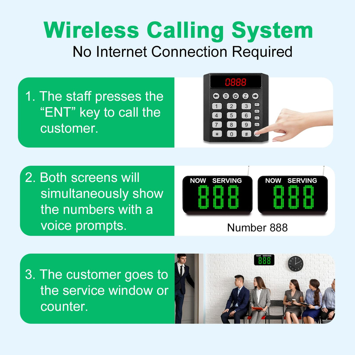 3-Digit Customer Number System Wireless Queue Calling System with 1 Keypad Caller 2 Now Serving Screens Real-Time Display Green Ticket Number for Office Clinic Bank Waiting Line Management