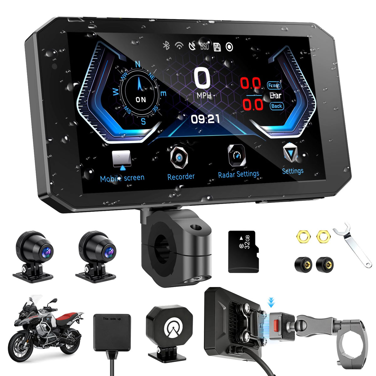 52HZ Motorcycle Carplay Android Auto with 5.5" Waterproof Touchscreen, TPMS, Millimeter Wave Radar, GPS Navigation,Dual 2K Dash Cam,BT,Real-time Alerts,OTA Updates,Quick Release Anti-Theft Mount