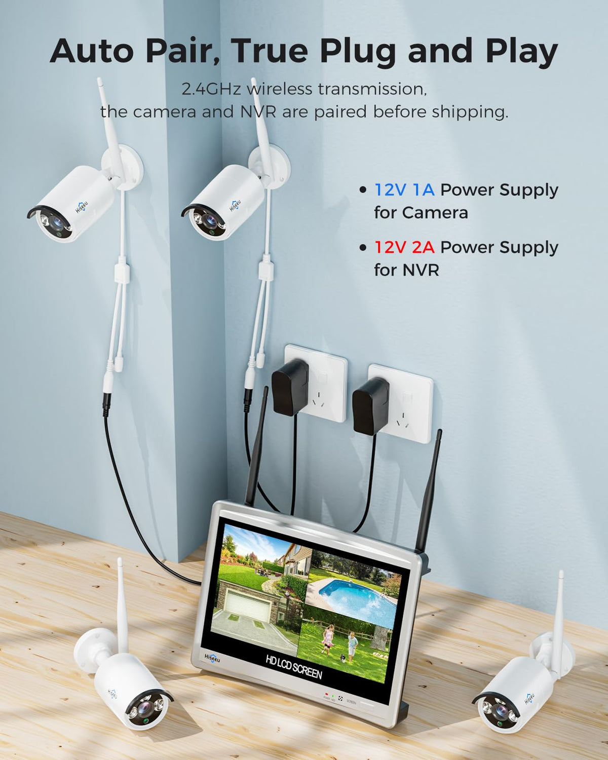 Hiseeu Home Security System, 24/7 Recording 5MP Wired Plug-in Powered Outdoor Bullet Cameras, 2.4G/5G WiFi Pro, 4K NVR with 12" LCD Monitor, 3TB HDD, Night Vision, IP65