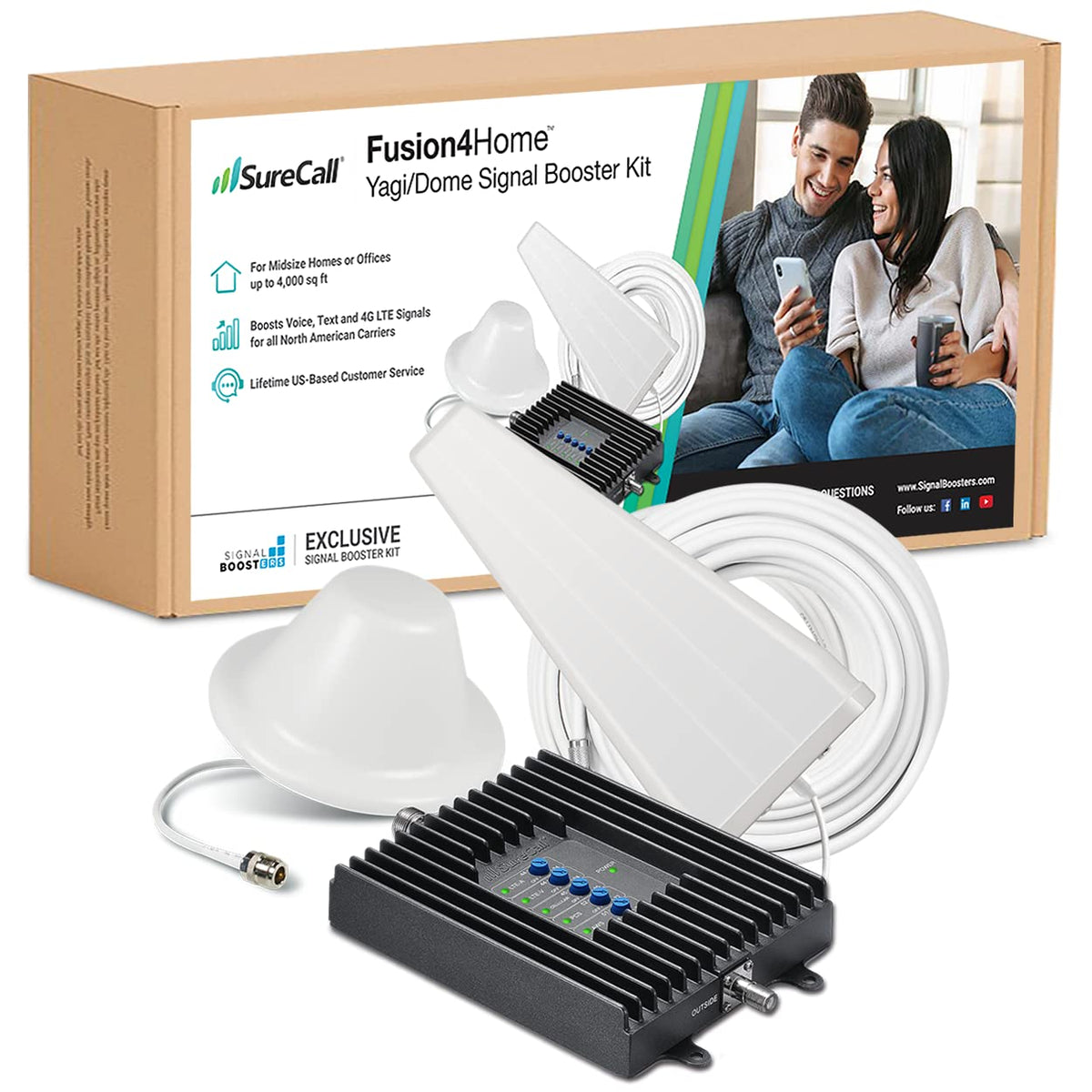 SureCall Fusion4Home Cell Phone Signal Booster for Home & Office up to 4000 sq ft, Yagi Dome Antennas, Multi-User 5G/4G LTE Boosts Verizon, AT&T, Sprint, T-Mobile, FCC Approved, USA Company