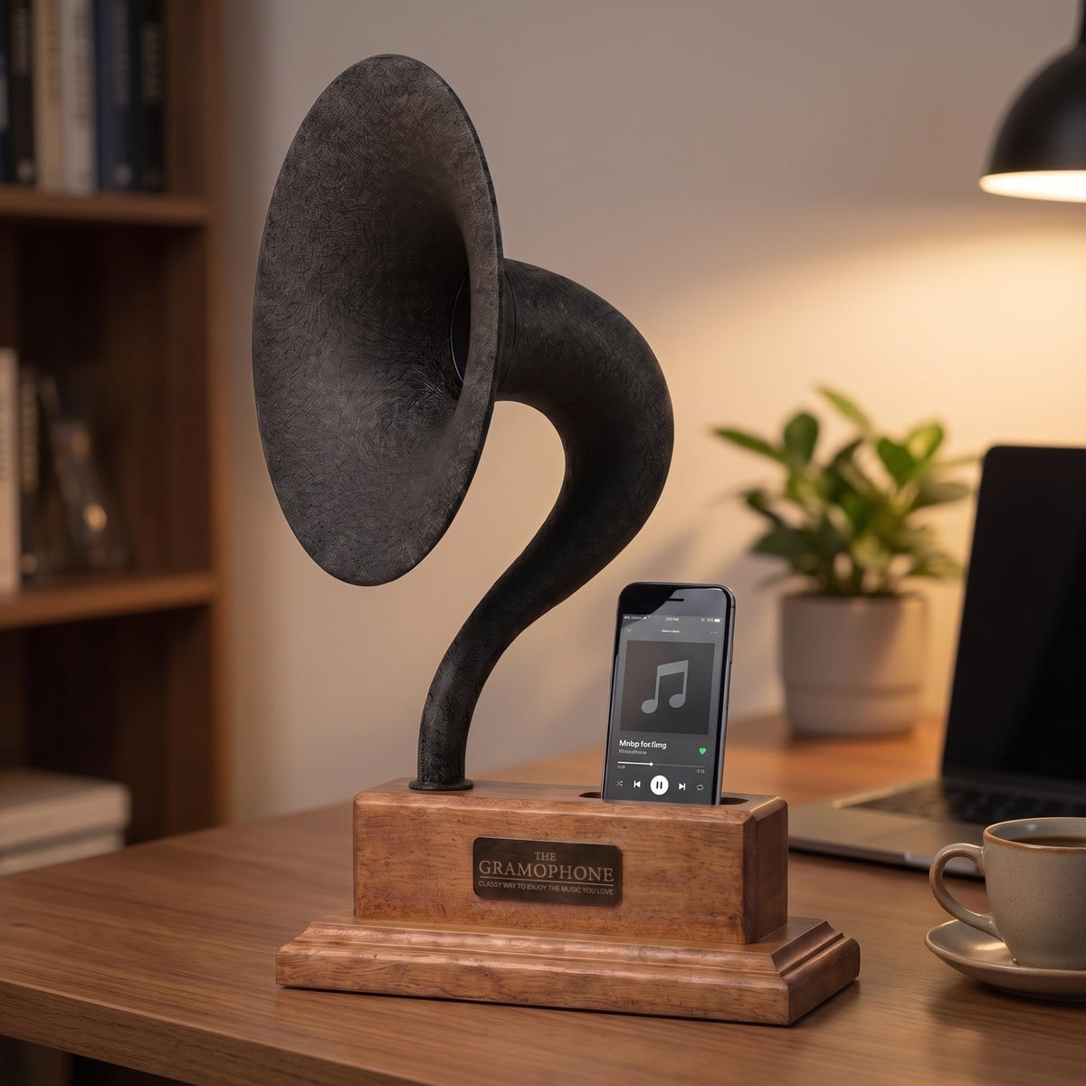 Gramophone Phone Speaker | Vintage Acoustic Amplifier & Dock for iPhone and Android | Passive, Non-Electric Sound for Home & Office Decor | Unique Personalized Gift 15" Royal Oak & Brushed Black
