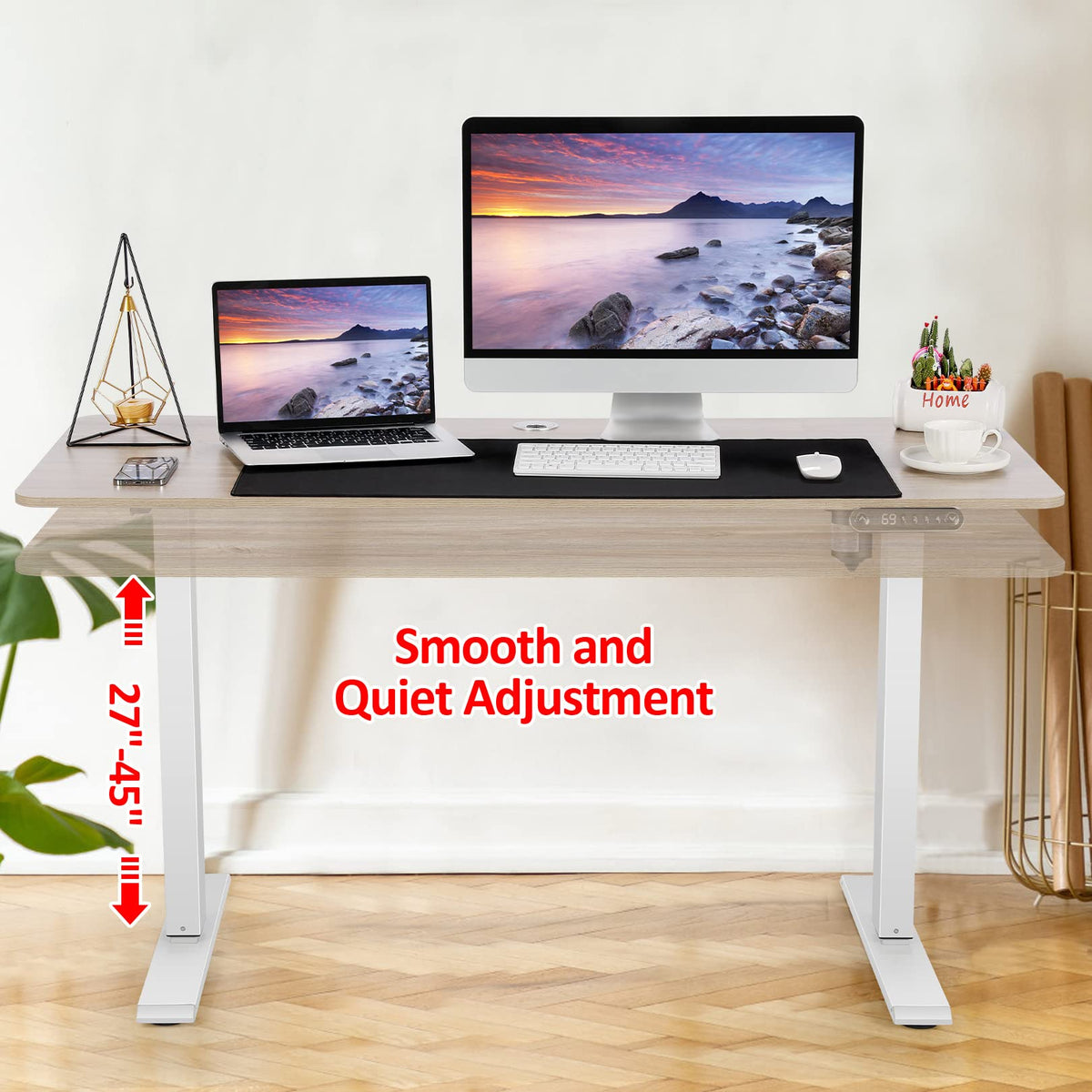 farexon 48 x 24 inch Standing Desk Electric Adjustable Height with Power Outlets, Stand up Desk with Wheels, Preset Heights Home Office Gaming Computer Workstations Table（Oak