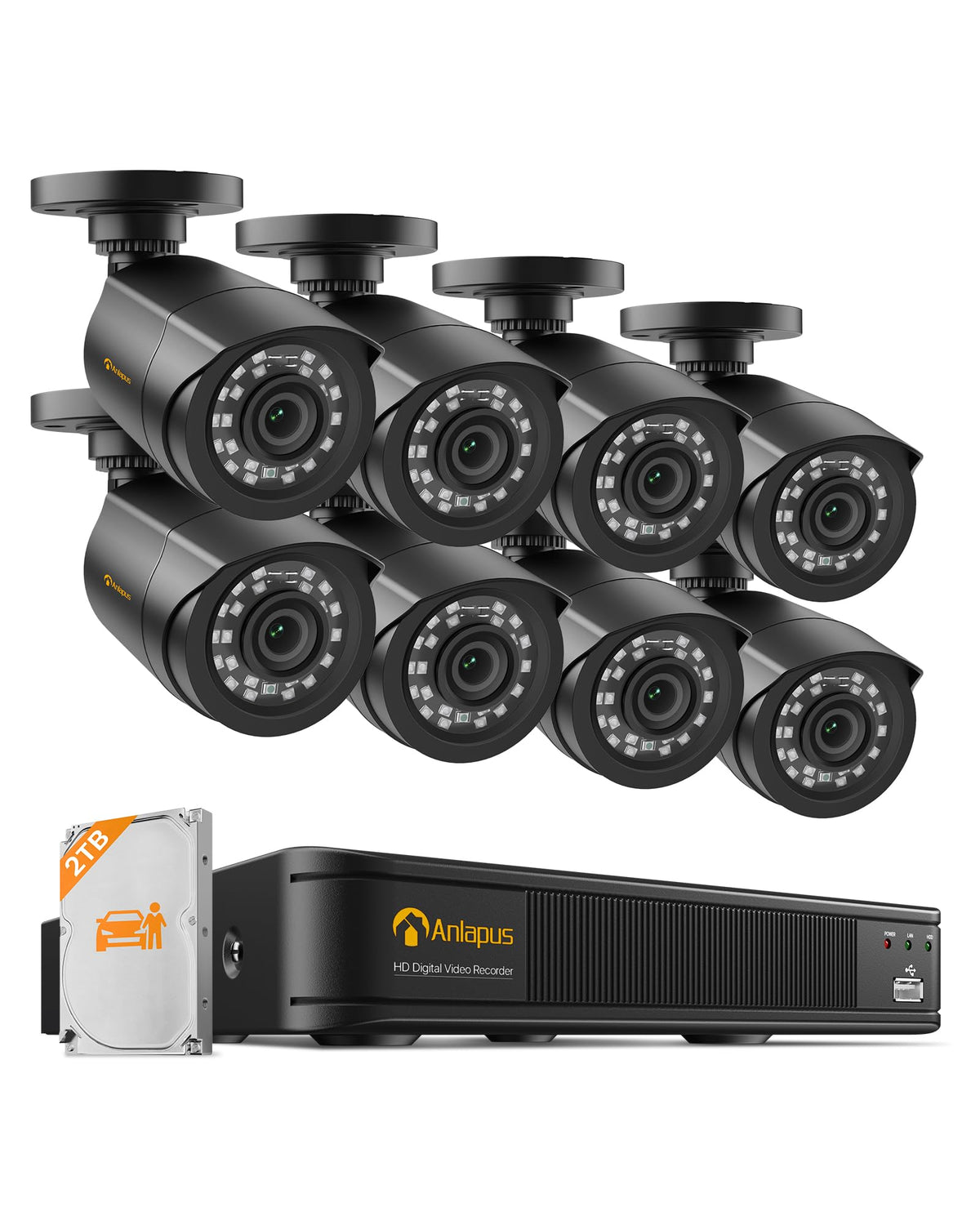 Anlapus 8CH 4K Security Camera System with Audio, 8pcs 8MP Wired CCTV Cameras Outdoor Indoor, AI Person/Vehicle Detection, Night Vision, H.265+ DVR with 1TB Hard Drive, 24/7 Recording, No Monthly Fee
