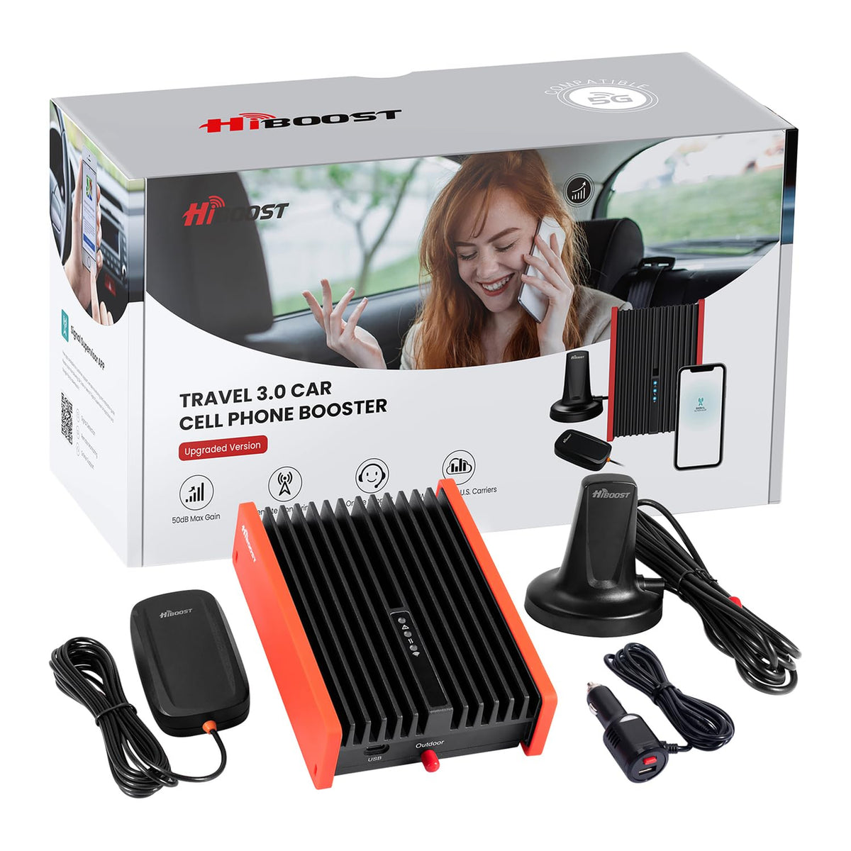 HiBoost Travel 3.0 Car Cell Phone Signal Booster Kit | 3G, 4G/LTE, 5G Signal | for Passenger Cars, Vans, and SUVs | for Multiple Users and Devices | Works with All US and Canadian Carriers