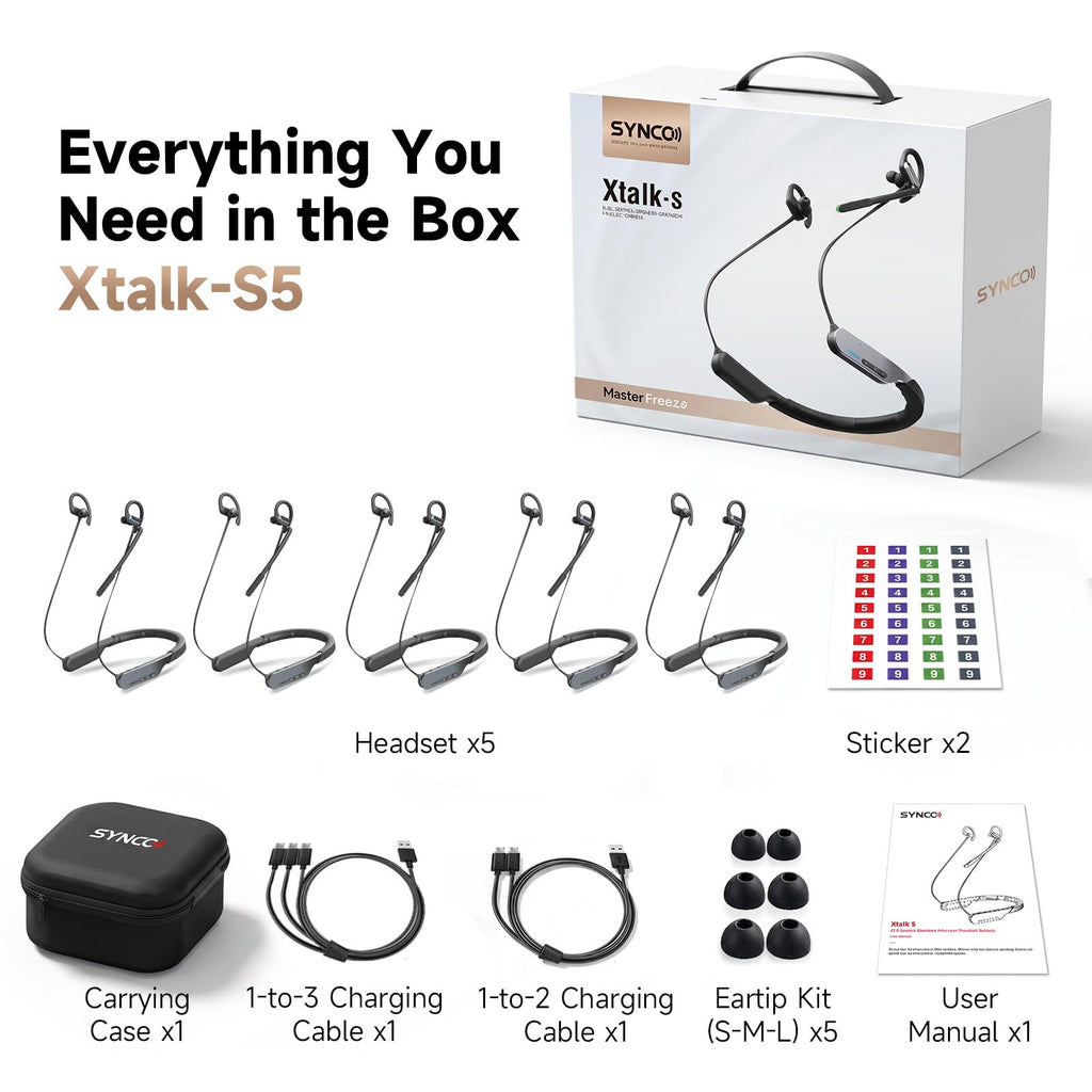 SYNCO Xtalk S5 Wireless Intercom Headset System, 5-Pack, in-Ear Neckband