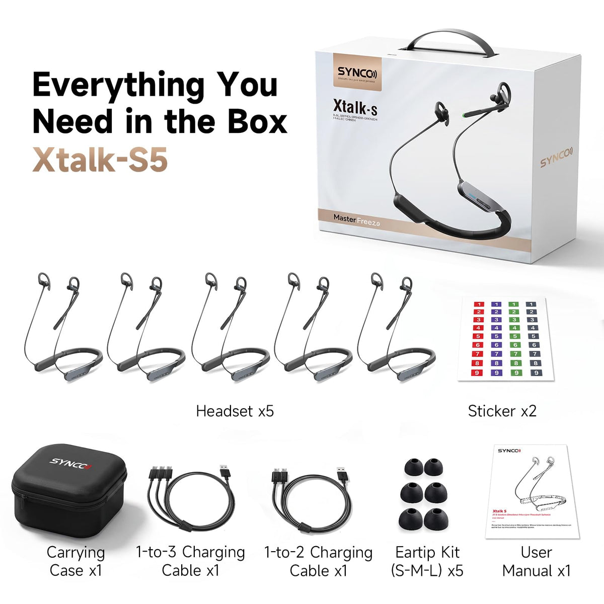 SYNCO Xtalk S5 Wireless Intercom Headset System, 5-Pack, in-Ear Neckband