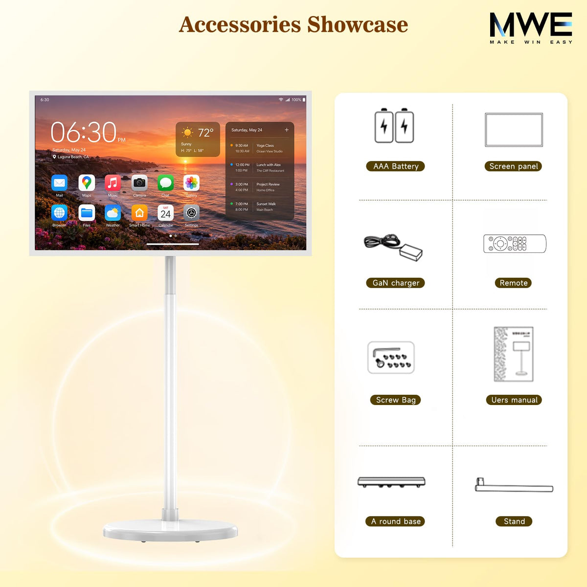 Zarael 43 Inch Smart Portable TV, 4K Touchscreen Display with Built-in 20000mAh Battery, Android 14, 8GB RAM 128GB Storage, WiFi and Bluetooth, for Home Entertainment and Workouts