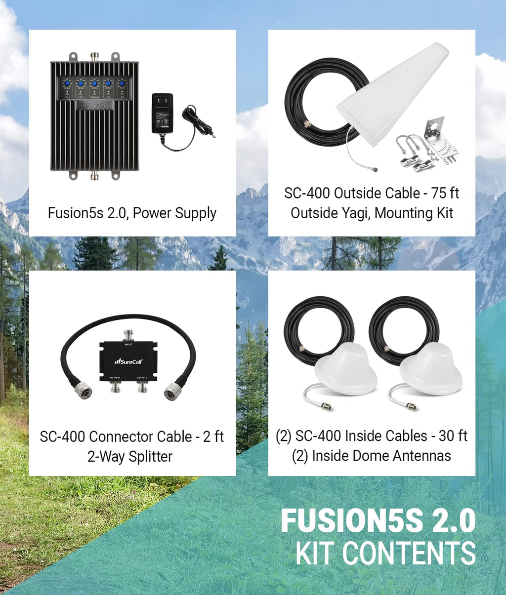 SureCall Fusion5s 2.0 Cell Phone Signal Booster for Home & Office up to 10000 sq ft, Yagi 2 Dome Antennas, Multi-User 4G/5G Boosts Verizon, AT&T, Sprint, T-Mobile, FCC Approved, USA Company
