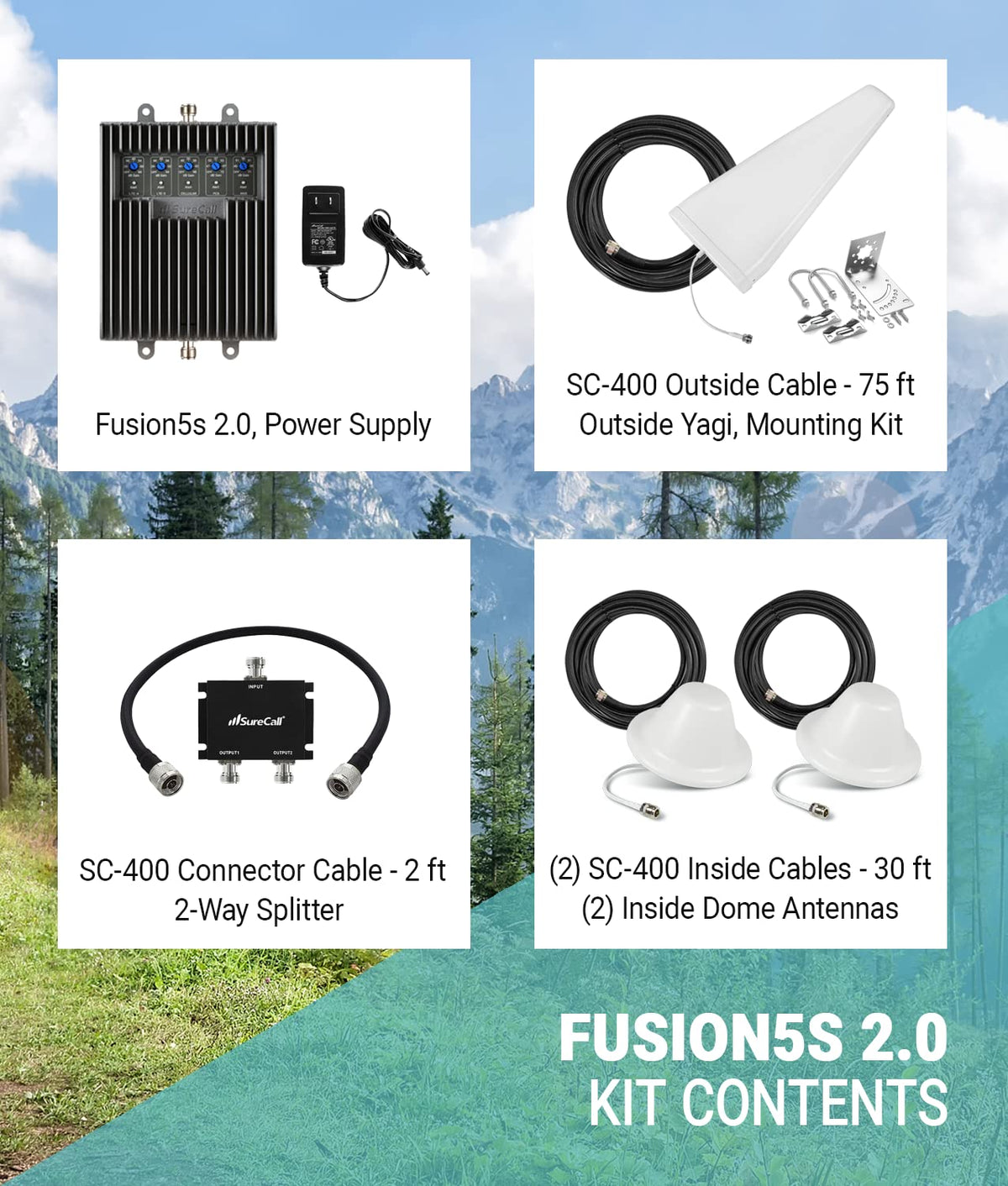 SureCall Fusion5s 2.0 Cell Phone Signal Booster for Home & Office up to 10000 sq ft, Yagi 2 Dome Antennas, Multi-User 4G/5G Boosts Verizon, AT&T, Sprint, T-Mobile, FCC Approved, USA Company