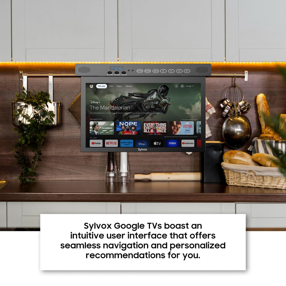 SYLVOX 15.6" Flip Down Smart TV Under Cabinet Google TV Supports 360 Degree Rotation WiFi & Wireless Connection, Storage Design for Kitchen Bedroom RV Yacht (Classic Black)