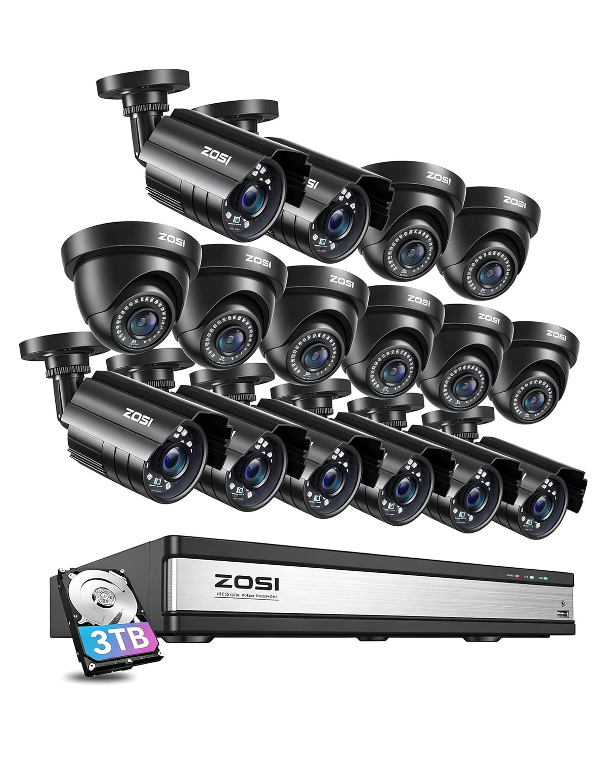 ZOSI 16CH 2MP Security Camera System, 16pcs 1080p CCTV Cameras, 3TB HDD