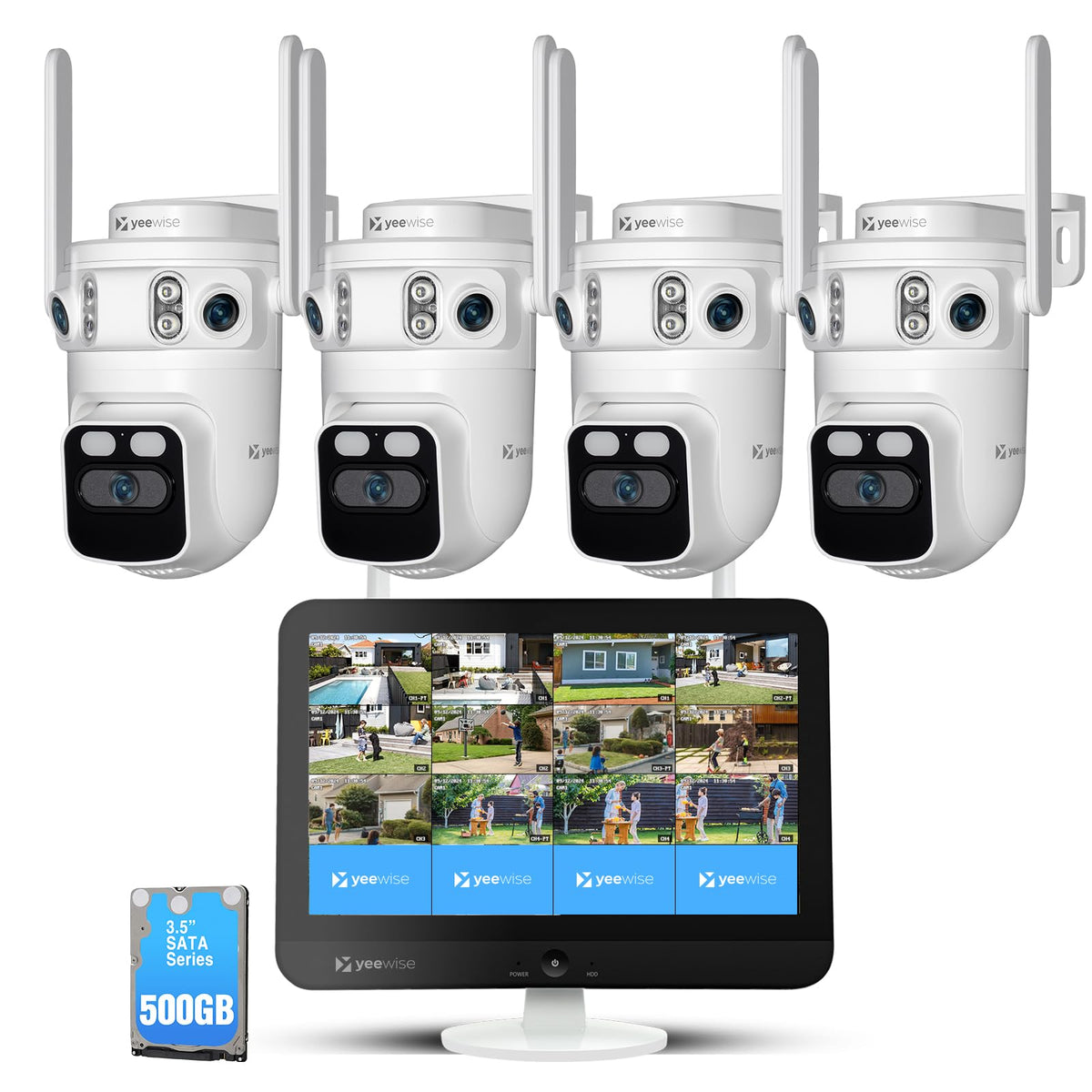 yeewise Triple Lens WiFi Security Camera System Outdoor with 12” Monitor