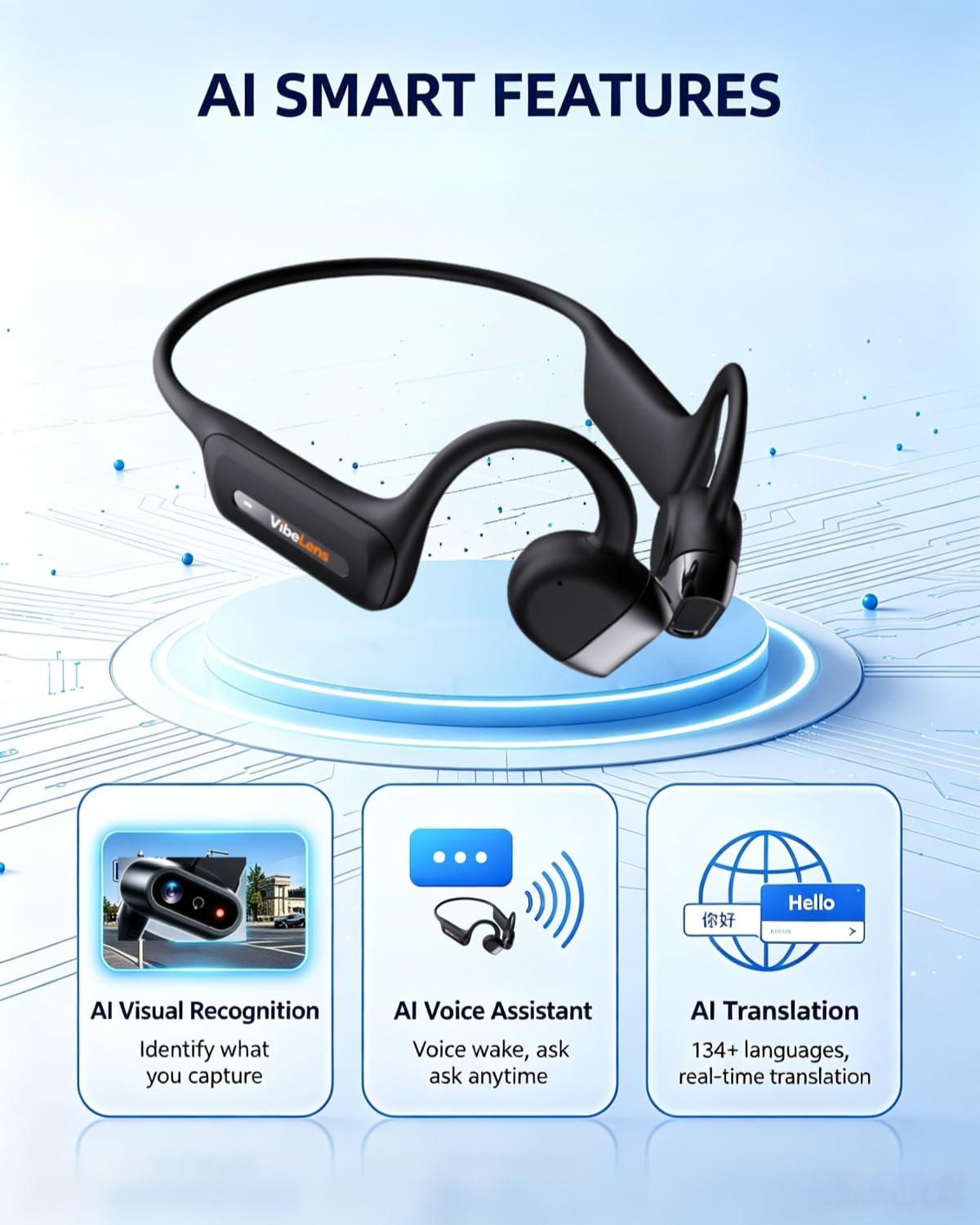 Open-Ear Bone Conduction Sport Headphones with Camera, IP68, Black