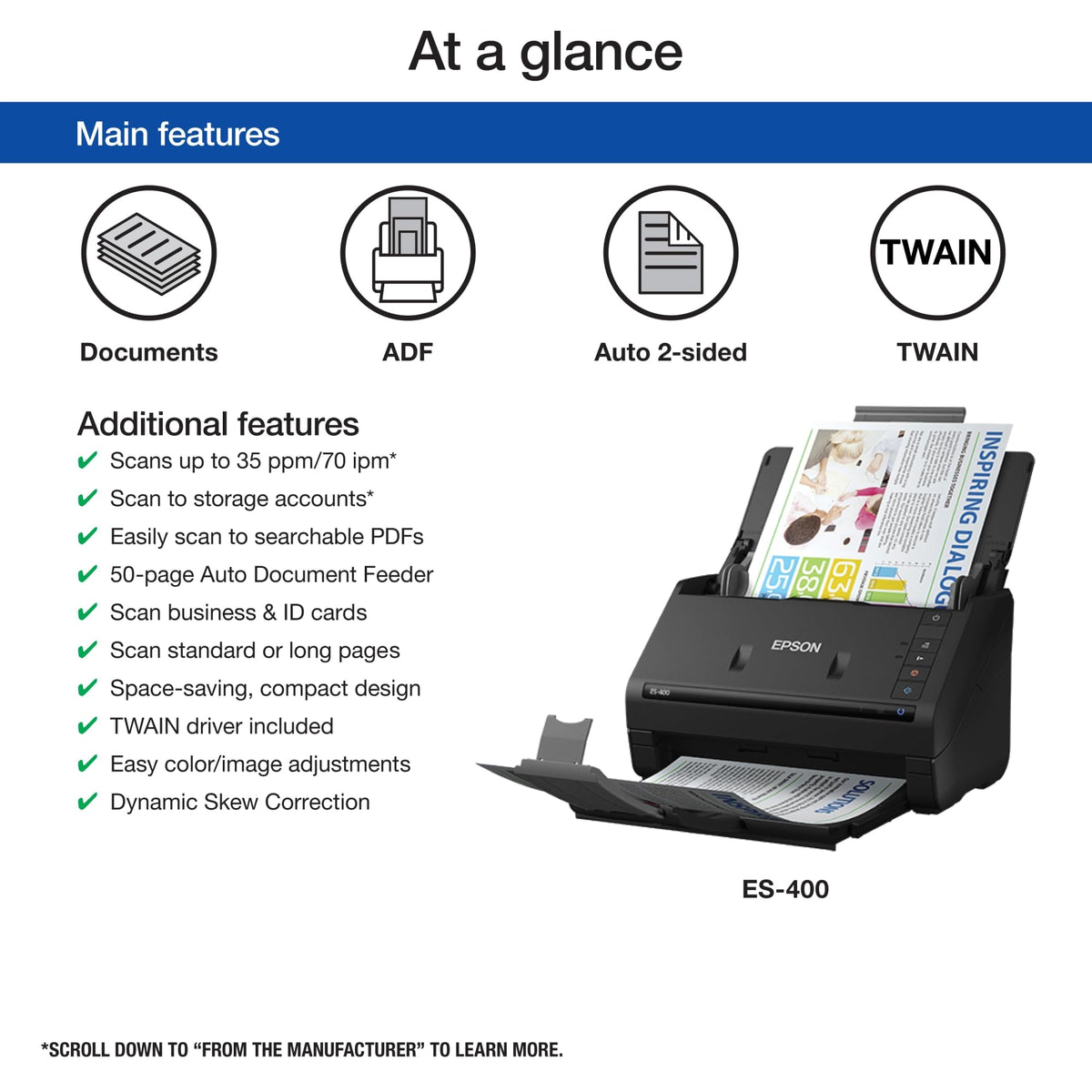 Epson Workforce ES-400 Color Duplex Document Scanner for PC and Mac, Auto Document Feeder (ADF)