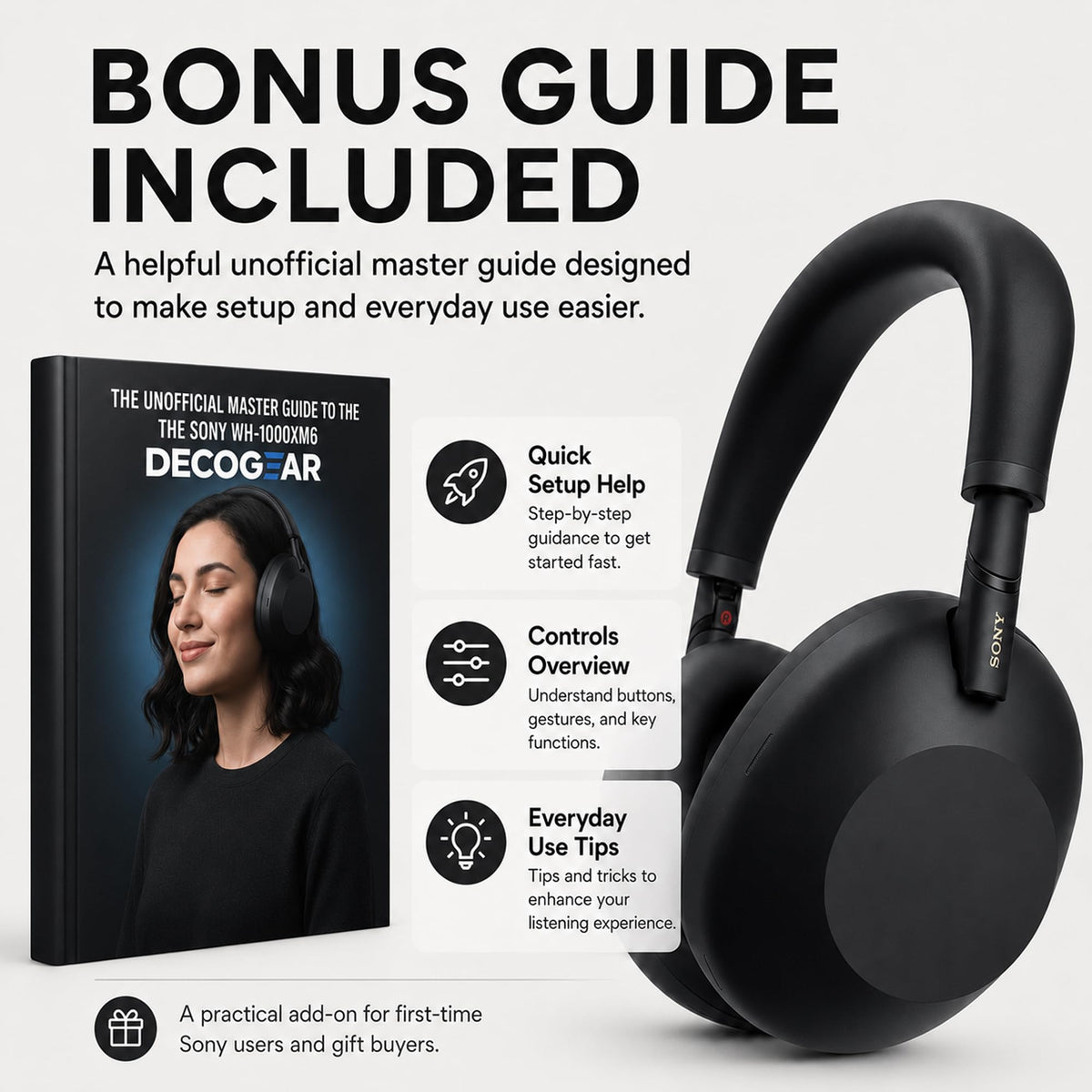 Sony WH-1000XM6 The Best Noise Canceling Wireless Headphones, HD NC Processor QN3, 12 Microphones, Adaptive NC Optimizer, Mastered by Engineers, Studio-Quality, 30-Hour Battery with Deco Guide Bundle