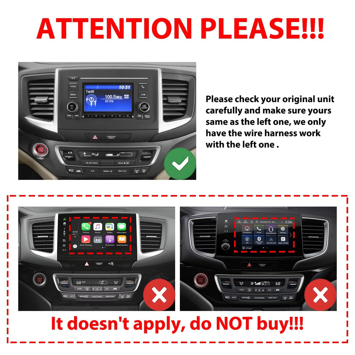 for Honda Pilot Ridgeline 2016-2022 Car CarPlay Android Auto Navigation Stereo GPS Radio Reverse Camera Display 10" IPS Touchscreen Headunit Tablet Pad Media Player, if Applicable Quad Core 2G+64G