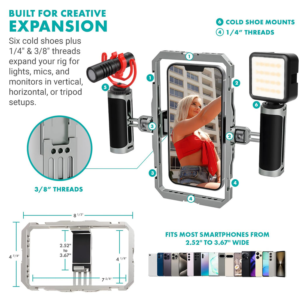 Movo iFilmer-PRO Smartphone Video Rig Kit – Stabilizer Cage with Dual Grips, VXR10 Shotgun Microphone, LED Light, & Tripod for iPhone/Android
