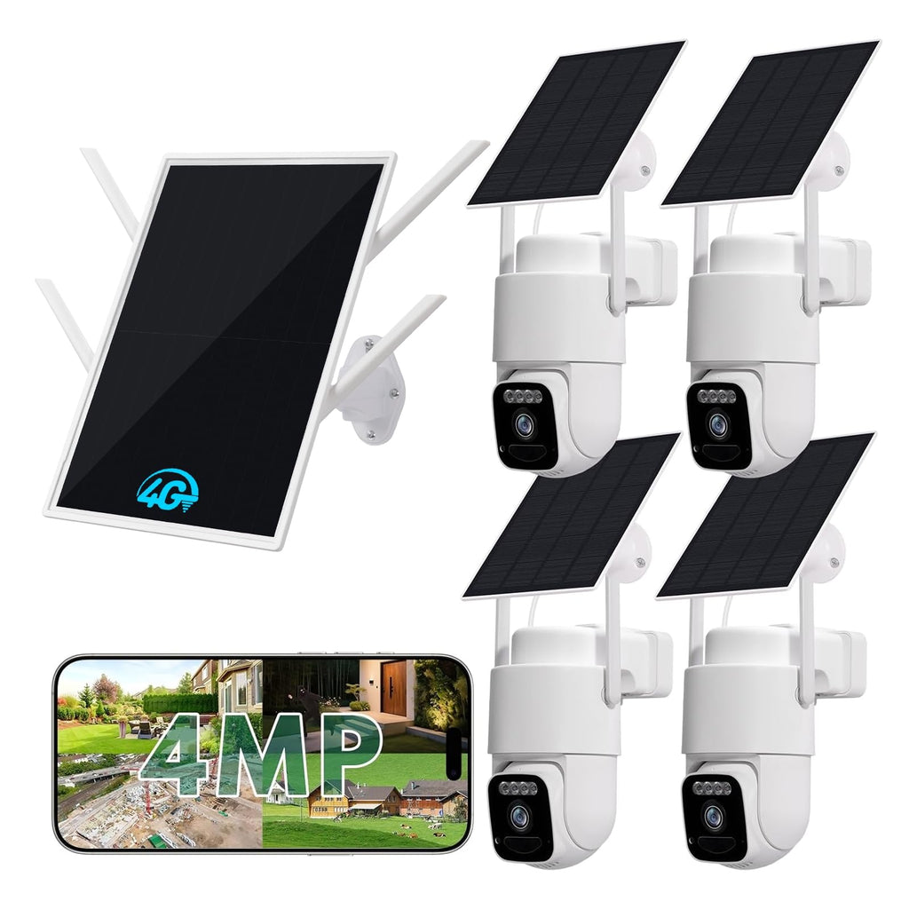 4G LTE Cellular Solar Security Cameras Wireless Outdoor, No WiFi Needed & 25W Solar Panel, 4 Cam Kit, 2K Color Night Vision, Human Tracking, 2-Way Talk, Ideal for Farm, Ranch, Jobsite, Vacation Home