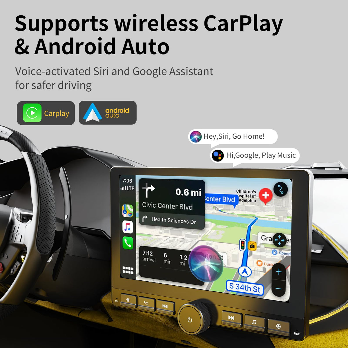 Haudio Single DIN Car Stereo with 10.1 Inch Rotating IPS Touchscreen, Wireless CarPlay and Android Auto, Android 13, 2GB+64GB, Volume Knob, Physical Buttons, GPS, WiFi, Bluetooth, DSP, AM/FM Radio RDS