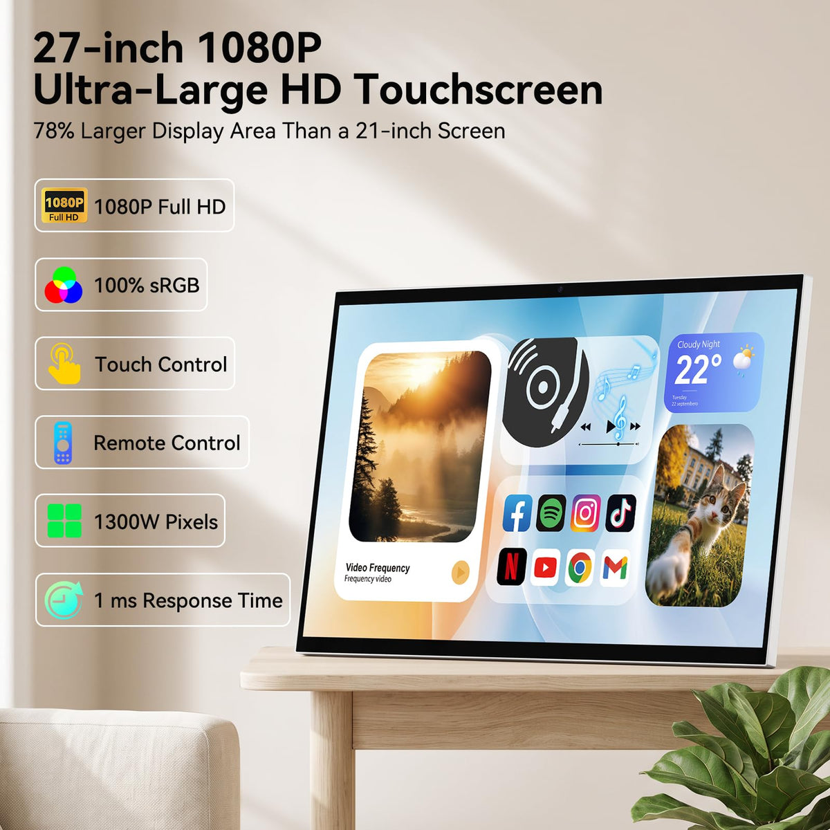 GKG 27" Portable TV with Touch Screen Android Smart Display, 1080P