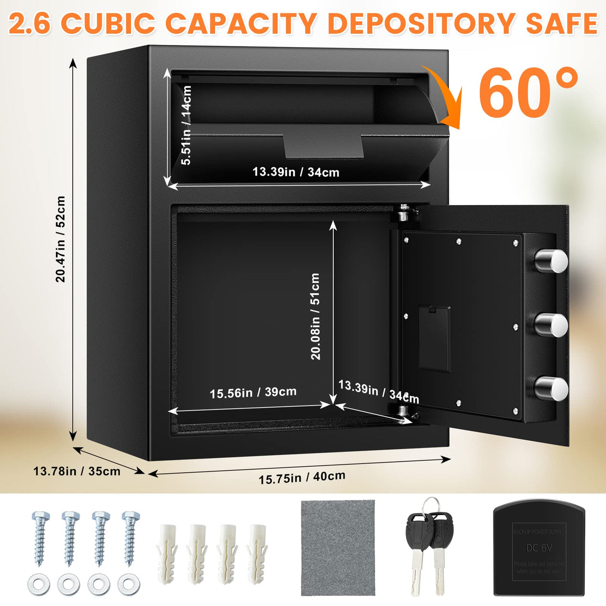 2.3 Cubic Depository Safe with Drop Slot, Electronic Anti-Theft Drop Safe for Business with Programmable Numeric Keypad Lock and Spare Keys, Cash Drop Safe Box for Office Home Retail Store