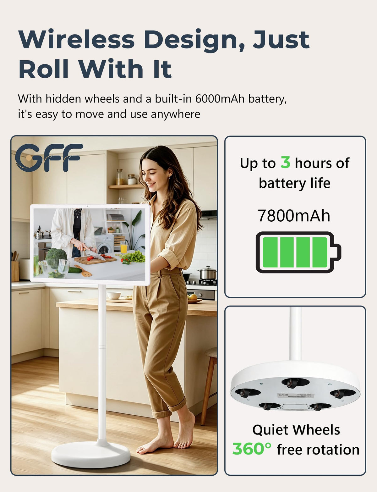 GFF Smart Portable TV, Touch Screen on Wheels, EDLA Certified, 1080P,22inch