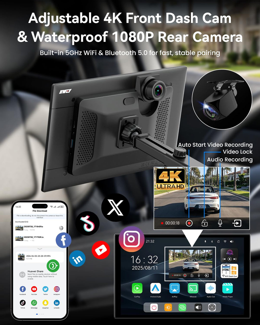 11'' Wireless CarPlay Screen with 4K Dash Cam, HD Touchscreen
