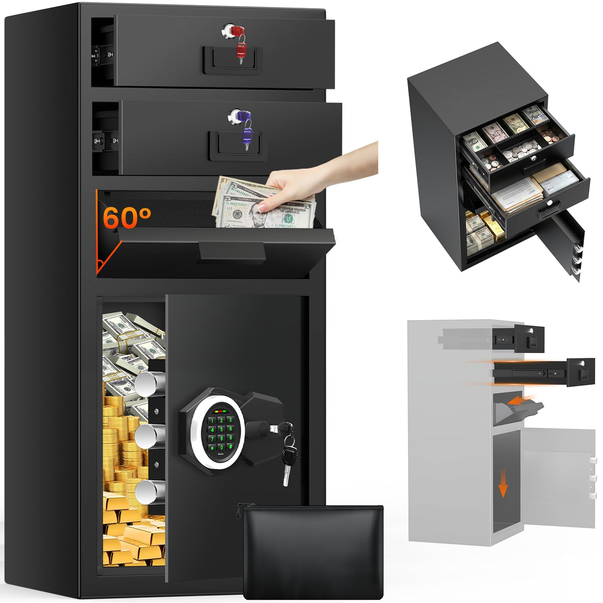 23.6''H Deposit Drop Safe with Drop Slot, Money Drop Safe for Business