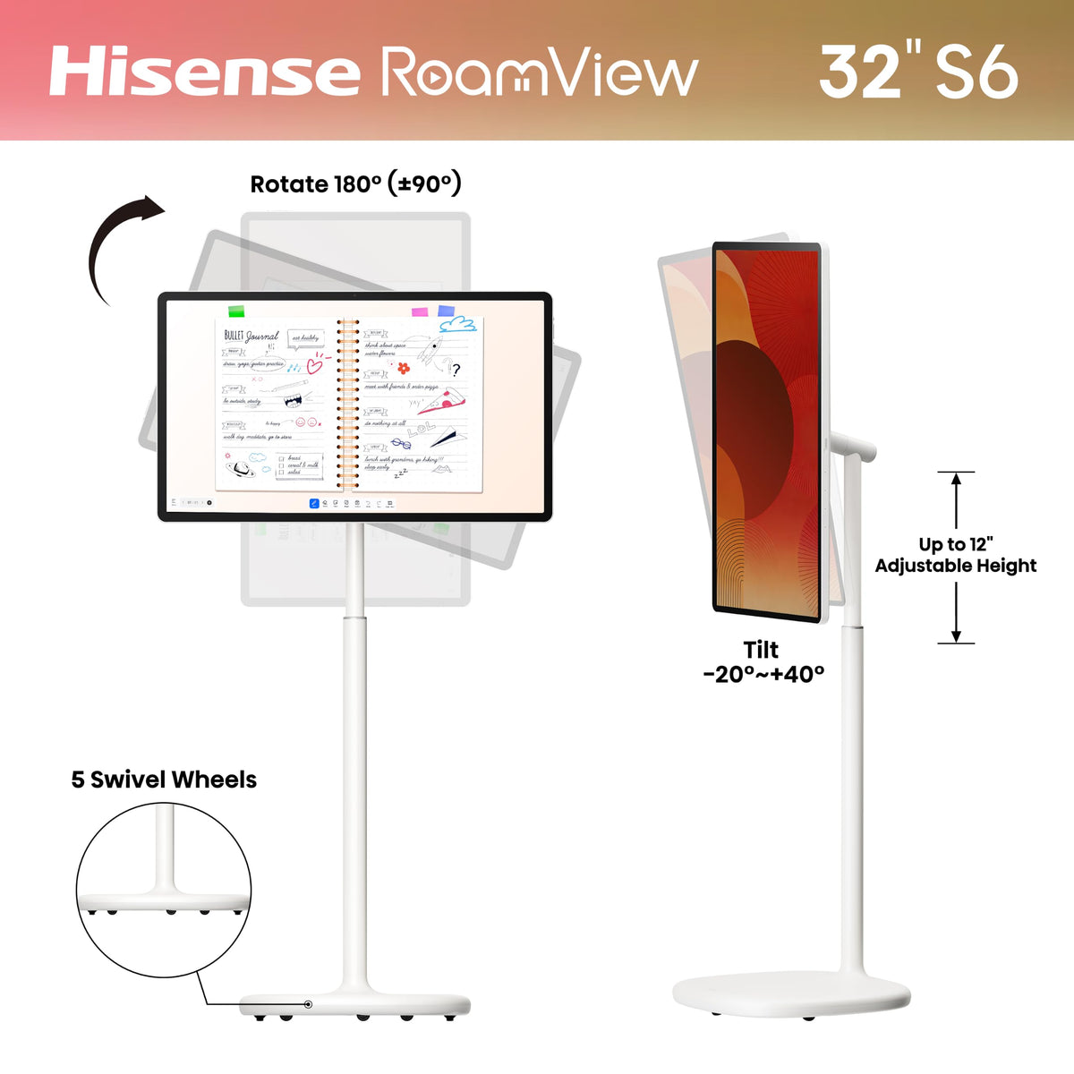 Hisense 32" Class S6 RoamView Sereis Portable 4K UHD Portable Smart TV (32S6S, 2026 Model) -Touchscreen with Adjustable Rolling Stand, Up to 10 Hours Built-in Battery, Android OS with Gemini AI