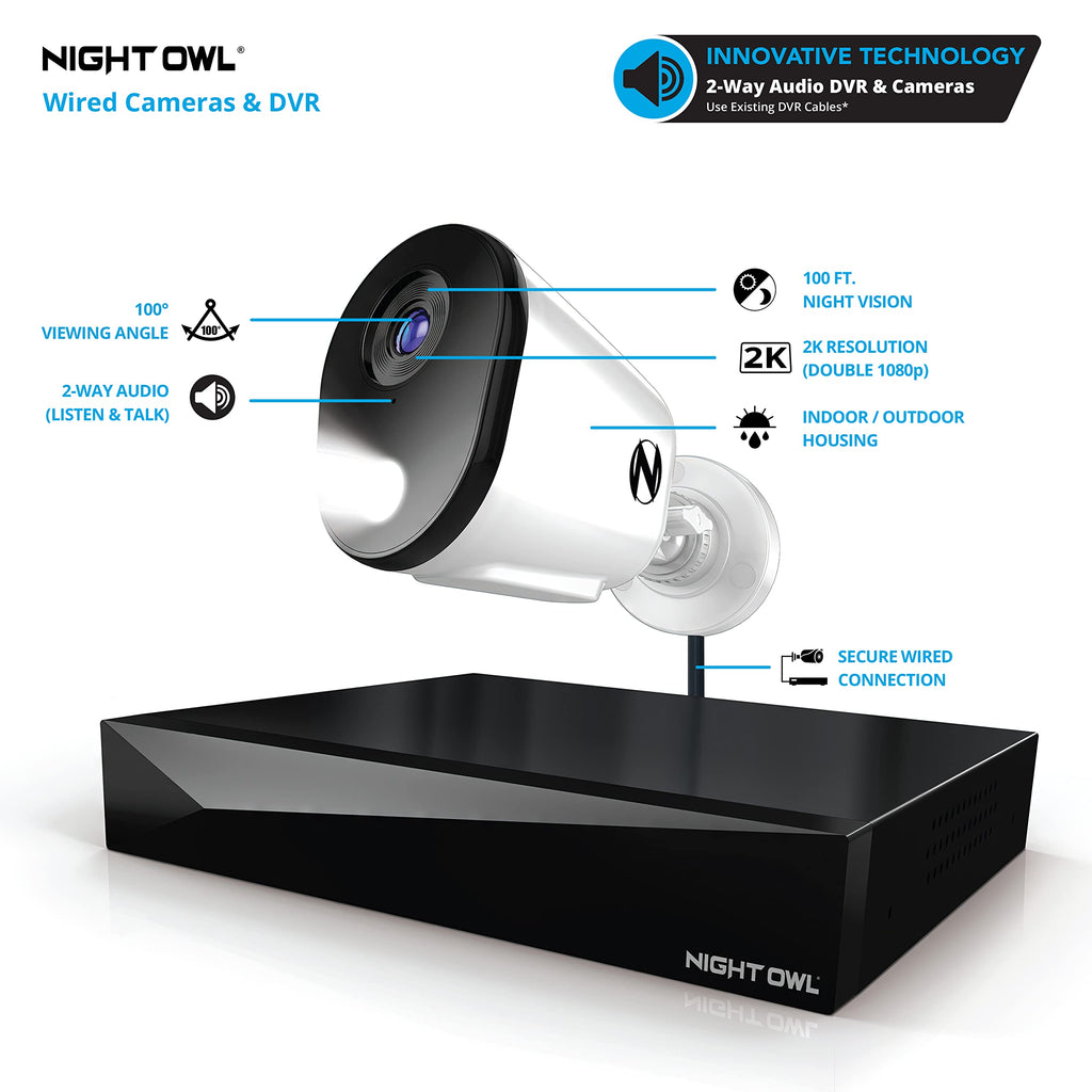 Night Owl 12-Ch Wired DVR System, 8 2K Cams, 1TB HDD, 2-Way Audio