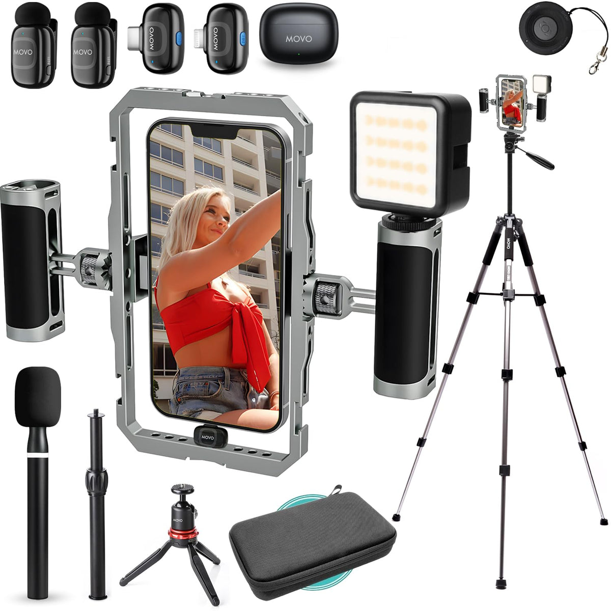 Movo iFilmer-PRO Smartphone Video Rig Kit – Stabilizer Cage with Dual Grips, VXR10 Shotgun Microphone, LED Light, & Tripod for iPhone/Android