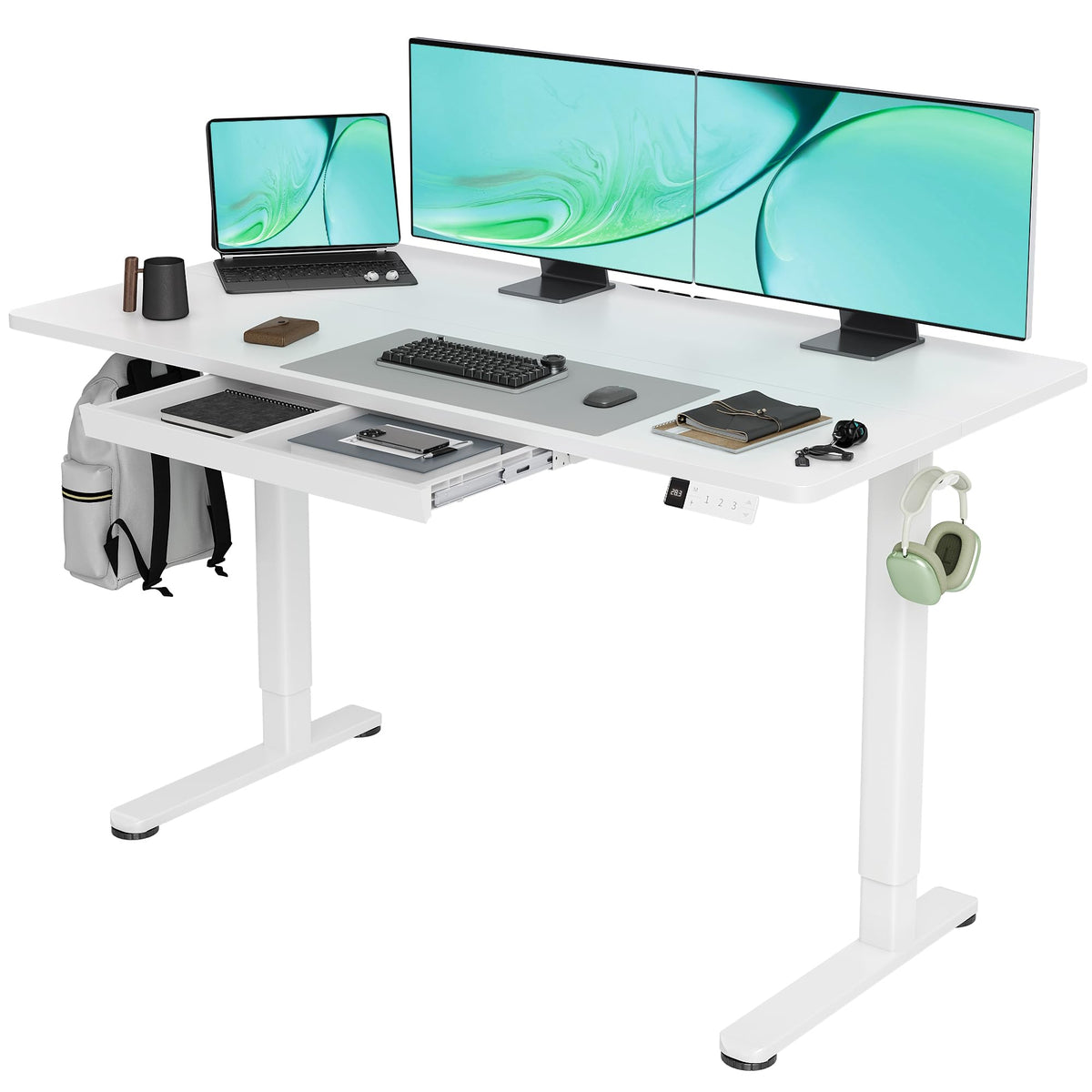Claiks Electric Height Adjustable Standing Desk with Drawers, 63 x 24 Inch Sit Stand Desk for Home Office, Computer Desk Workstation,Black