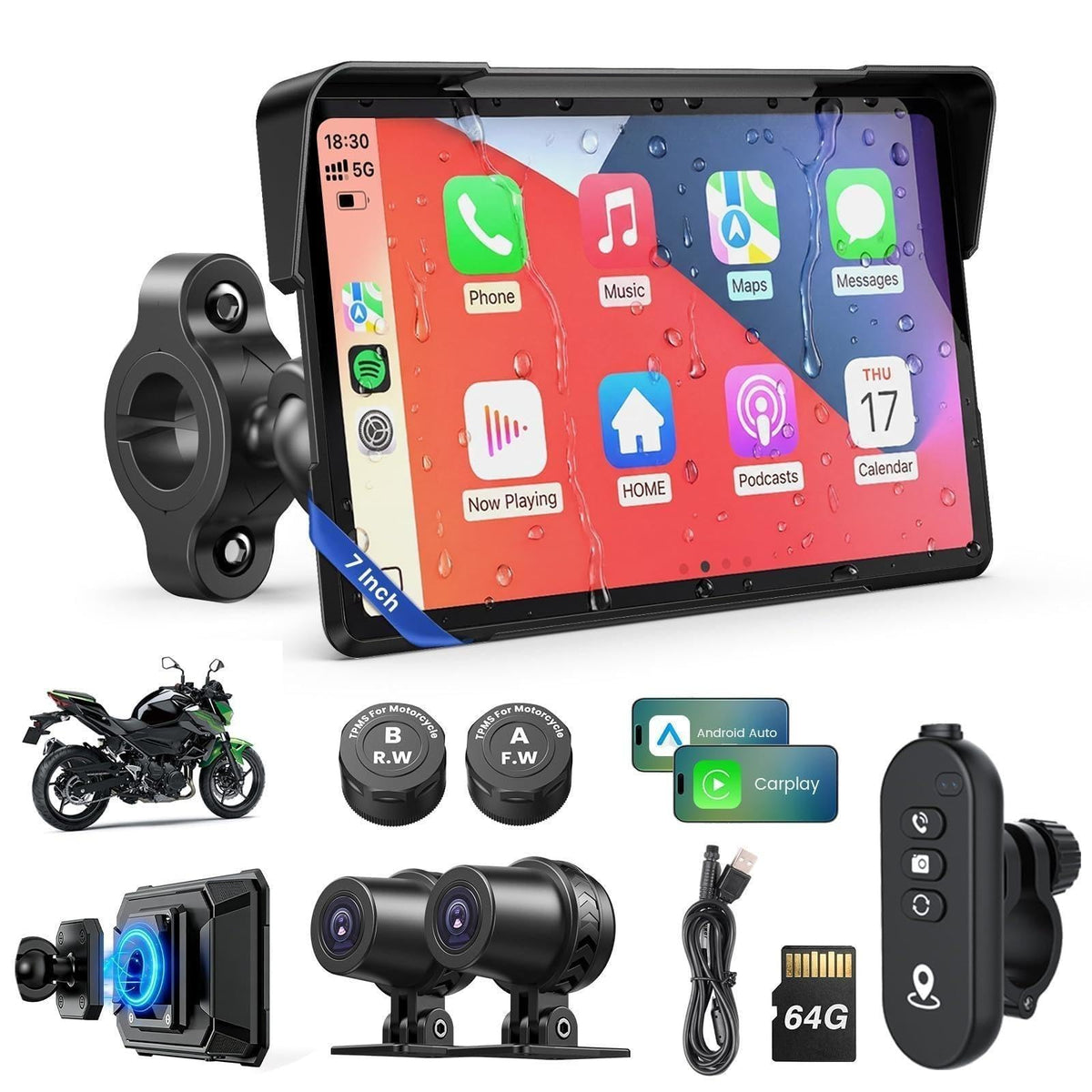 Motorcycle CarPlay Screen with Android Auto – 7” Waterproof GPS, Pantalla para Moto, Apple CarPlay, Navigation System for Motorcycle, Dual 2K Dash Cam Bluetooth Audio,64GB&TPMS with Magnetic