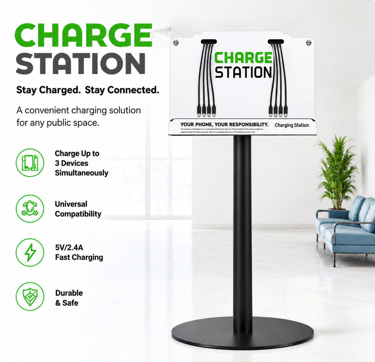Commercial Floor Standing Phone Charging Station, 8 Cables