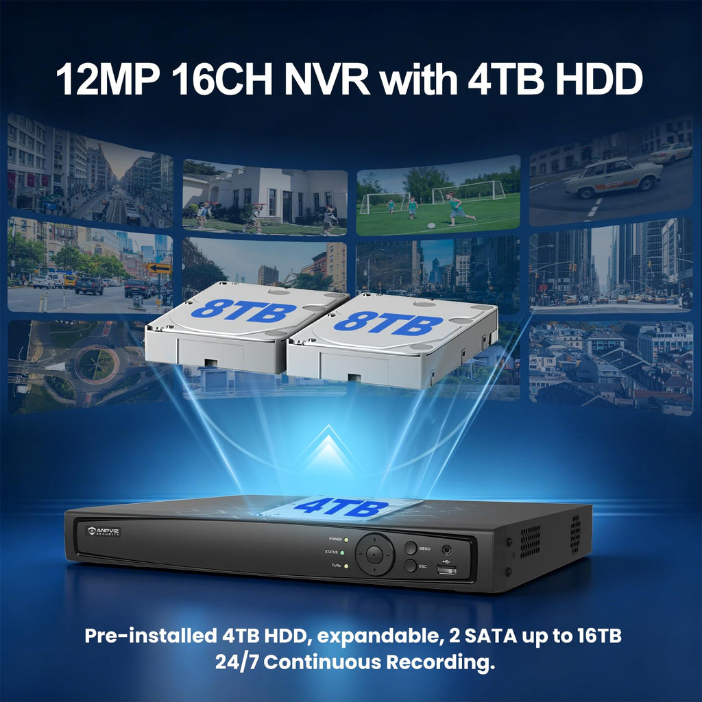 Anpviz 16Ch 8X 5MP Wired PoE Security Camera System 12MP NVR with 4TB HDD