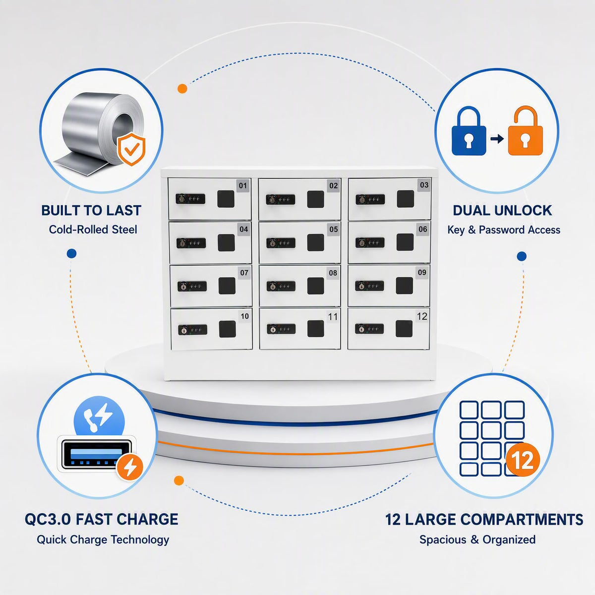 12 Compartment Cell Phone Locker with Charging Station and Lock
