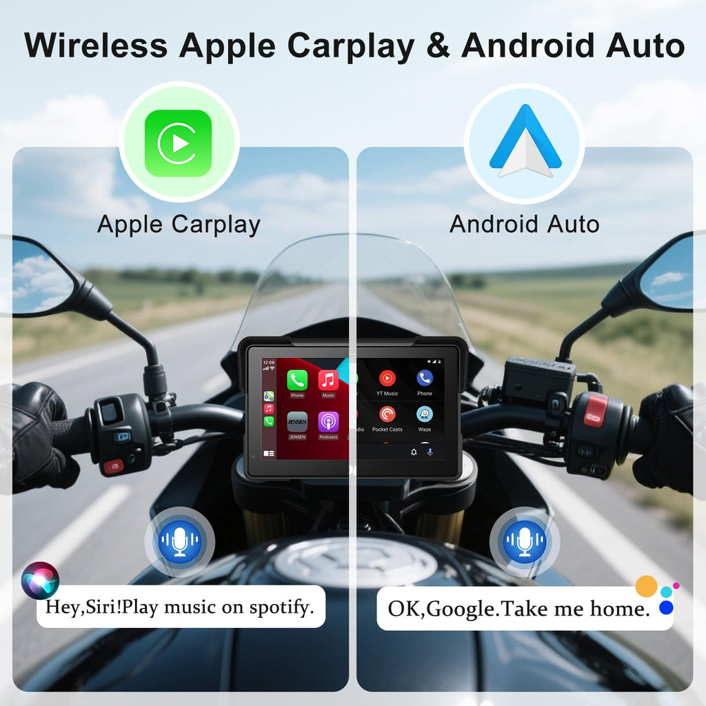 Wireless Motorcycle Apple Carplay & Android Auto,7 Inch Touchscreen with AHD Dual Cam,Siri & Google Assistant, Looping Recording/BSD/Bluetooth 5.2/ GPS/Remote Control/TMPS /IP69K Waterproof /128GB