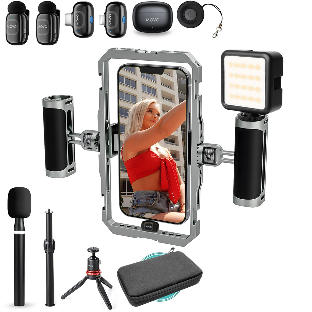 Movo iFilmer-PRO Smartphone Video Rig Kit – Stabilizer Cage with Dual Grips, VXR10 Shotgun Microphone, LED Light, & Tripod for iPhone/Android
