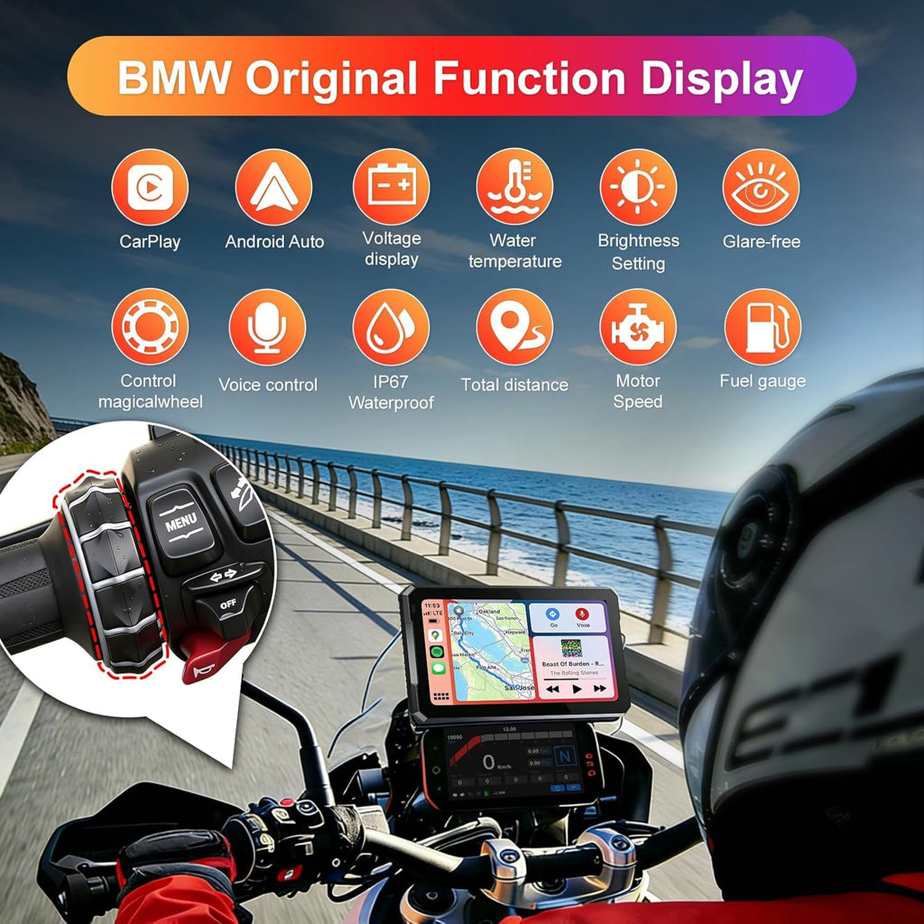 Motorcycle GPS CarPlay for BMW with Waterproof Touchscreen, 7" Portable Moto Radio Carplay/Android Auto， GPS Navigation for Motorbike, Dual Bluetooth, Native Wonder Wheel Control, Data Reading, TPMS