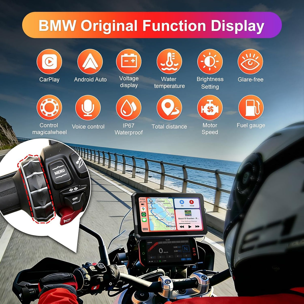 Motorcycle GPS CarPlay for BMW with Waterproof Touchscreen, 7" Portable Moto Radio Carplay/Android Auto， GPS Navigation for Motorbike, Dual Bluetooth, Native Wonder Wheel Control, Data Reading, TPMS