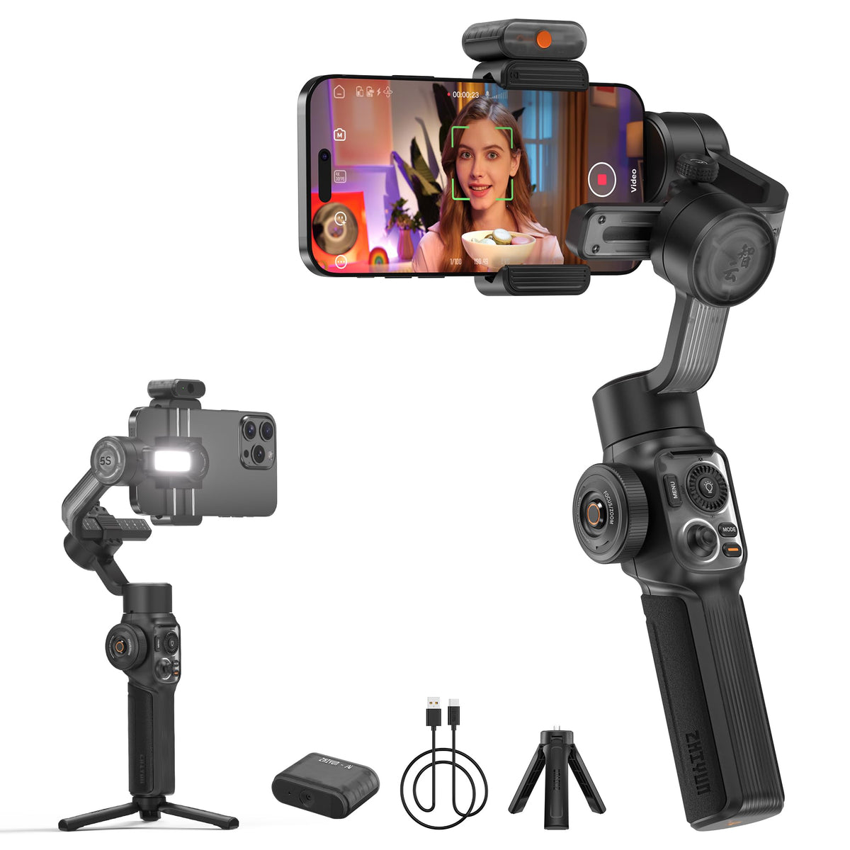 ZHIYUN Smooth 5S AI Combo 3-Axis Gimbal Stabilizer for iPhone 15 Pro Max & Android Smartphone Gimbal with AI Tracker, Built-in Fill Light, Tripod, Phone Stabilizer for Video Recording Vlog Filming
