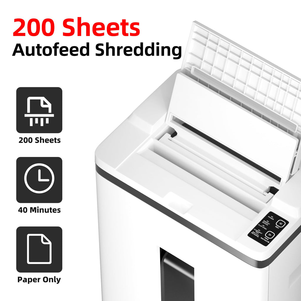 200-Sheet Auto Feed Paper Shredder with Wheels – Heavy Duty Cross-Cut Shredder for Home & Office, Quiet High Security Document Shredder, White
